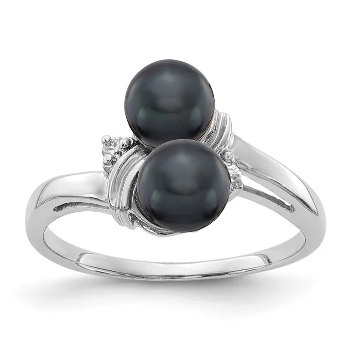 Goldiacom Rings 14k White Gold 55mm Black FW Cultured Pearl AA Real Diamond ring