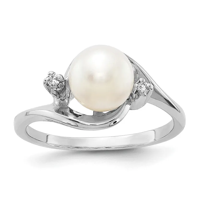 Goldiacom Rings 14k White Gold 7mm FW Cultured Pearl A Real Diamond ring