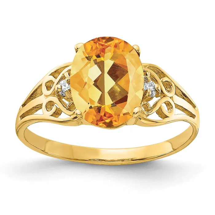 Goldiacom Rings 14K Yellow Gold 9x7mm Oval Citrine Checker VS Real Diamond ring