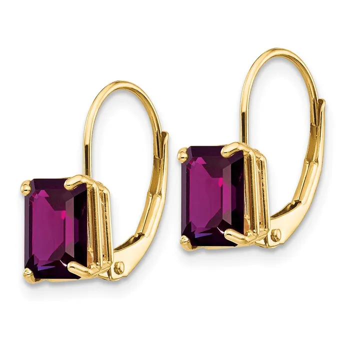 Goldia Earrings 14k Yellow Gold 7x5mm Emerald Cut Rhodolite Garnet Leverback Earrings