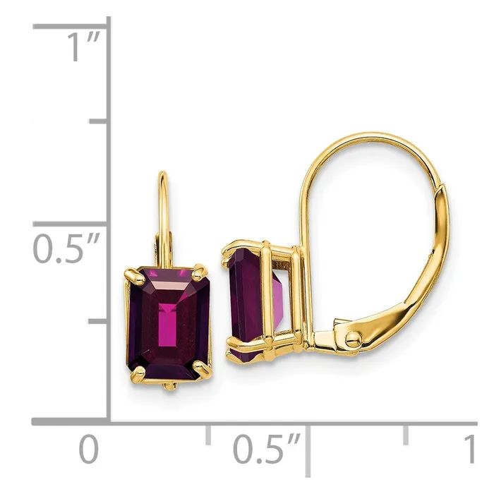 Goldia Earrings 14k Yellow Gold 7x5mm Emerald Cut Rhodolite Garnet Leverback Earrings
