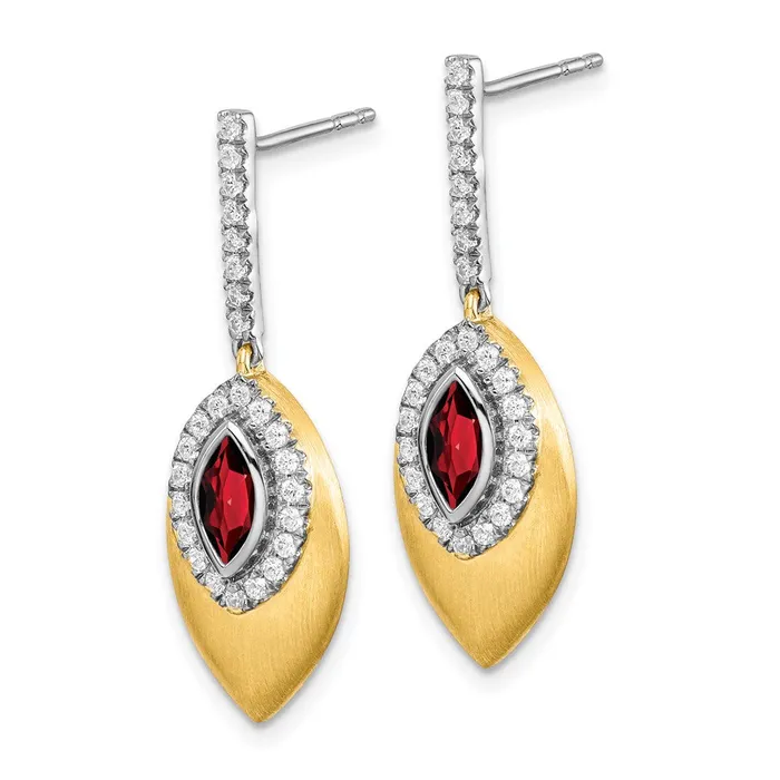 Goldia Earrings Solid 14k Twotone Simulated Garnet and CZ Dangle Earrings
