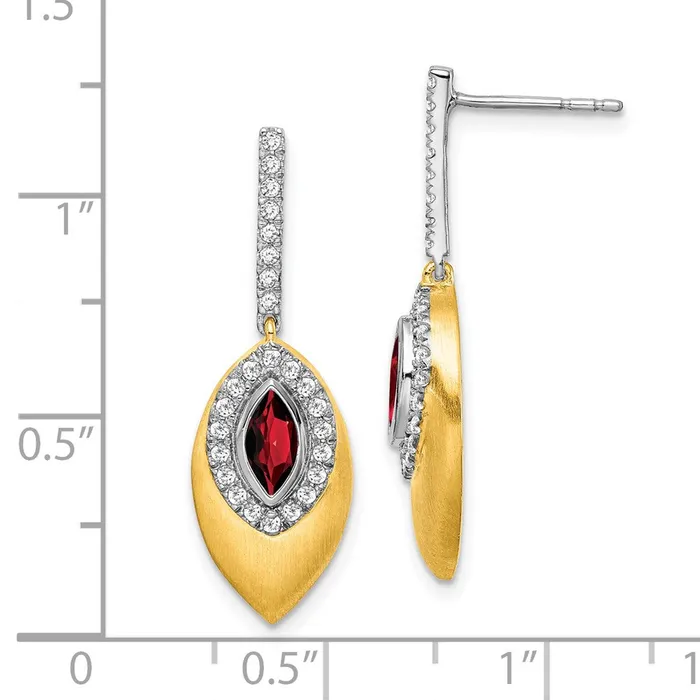 Goldia Earrings Solid 14k Twotone Simulated Garnet and CZ Dangle Earrings