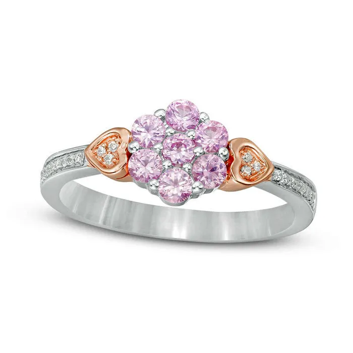 Goldia LabCreated Pink Sapphire and 007 CT TW Diamond Double Heart Flower Ring in Sterling Silver and Solid 10K Rose Gold Rings