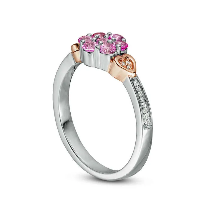 Goldia LabCreated Pink Sapphire and 007 CT TW Diamond Double Heart Flower Ring in Sterling Silver and Solid 10K Rose Gold Rings