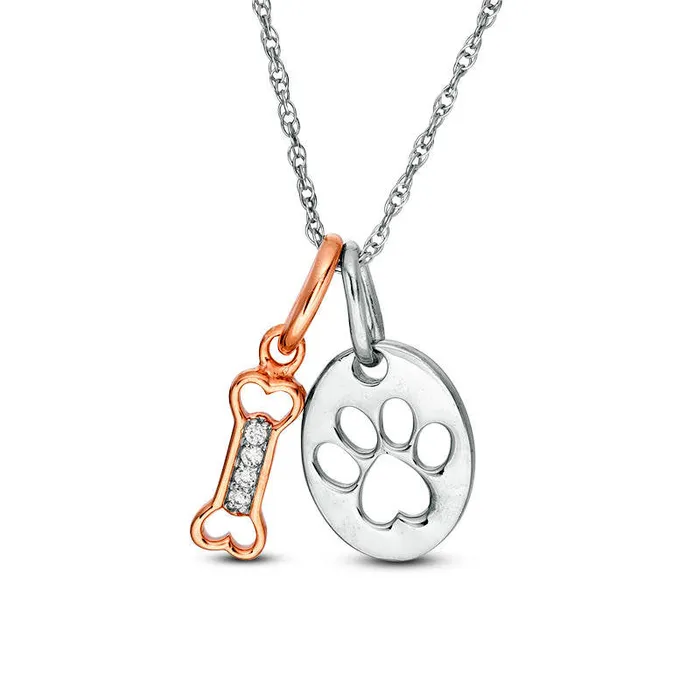 Goldia Natural Diamond Accent Dog Bone and Paw Print Disc Pendant in Sterling Silver and 10K Rose Gold Necklaces Goldia Natural Diamond Accent Dog Bone and Paw Print Disc Pendant in Sterling Silver and 10K Rose Gold Necklaces