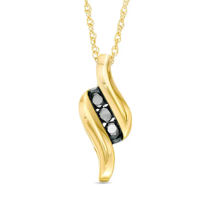 Goldia Necklaces 02 CT TW Enhanced Black Natural Diamond Three Stone Flame Pendant in 10K Yellow Gold Goldia Necklaces 02 CT TW Enhanced Black Natural Diamond Three Stone Flame Pendant in 10K Yellow Gold