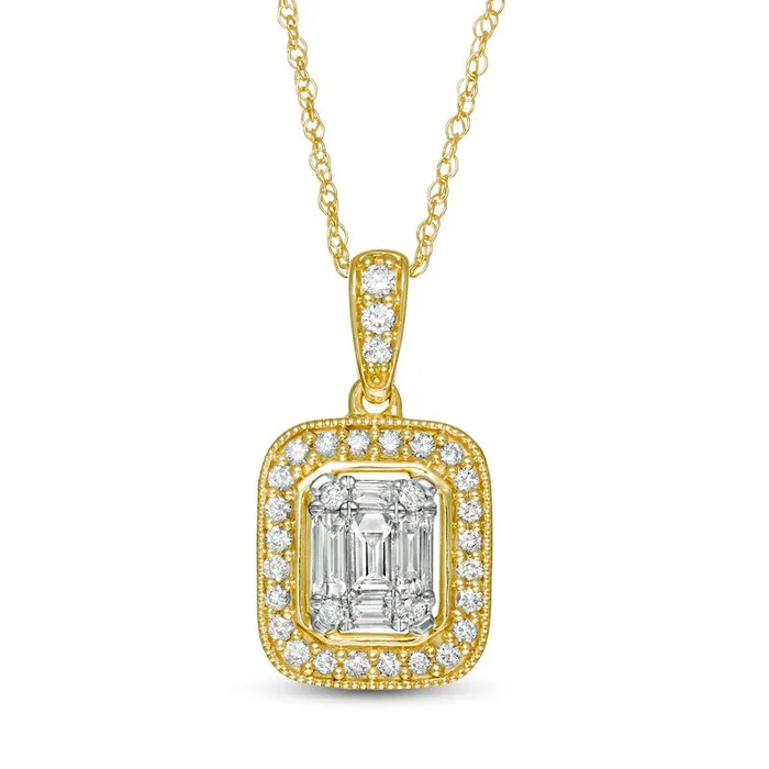 Goldia Necklaces 033 CT TW Baguette and Round Natural Diamond Cushion Frame Antique VintageStyle Pendant in 10K Yellow Gold Goldia Necklaces 033 CT TW Baguette and Round Natural Diamond Cushion Frame Antique VintageStyle Pendant in 10K Yellow Gold
