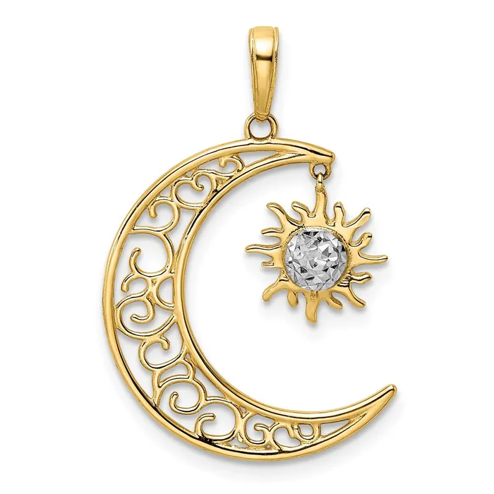 Goldia Necklaces 14k Yellow Rhodium Gold and White Rhodium Diamondcut Moon and Dangle Sun Pendant