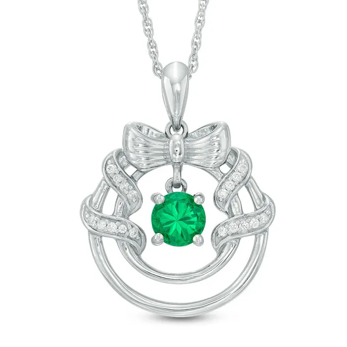 Goldia Necklaces 50mm LabCreated Emerald and Diamond Accent Wreath Pendant in Sterling Silver Goldia Necklaces 50mm LabCreated Emerald and Diamond Accent Wreath Pendant in Sterling Silver