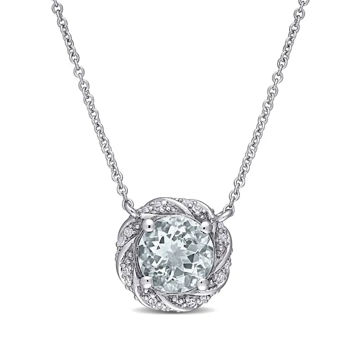Goldia Necklaces 70mm Aquamarine and 013 CT TW Natural Diamond Swirl Frame Necklace in 10K White Gold 17