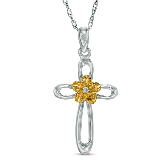 Goldia Necklaces Natural Diamond Accent Looped Cross Flower Pendant in Sterling Silver and 10K Yellow Gold