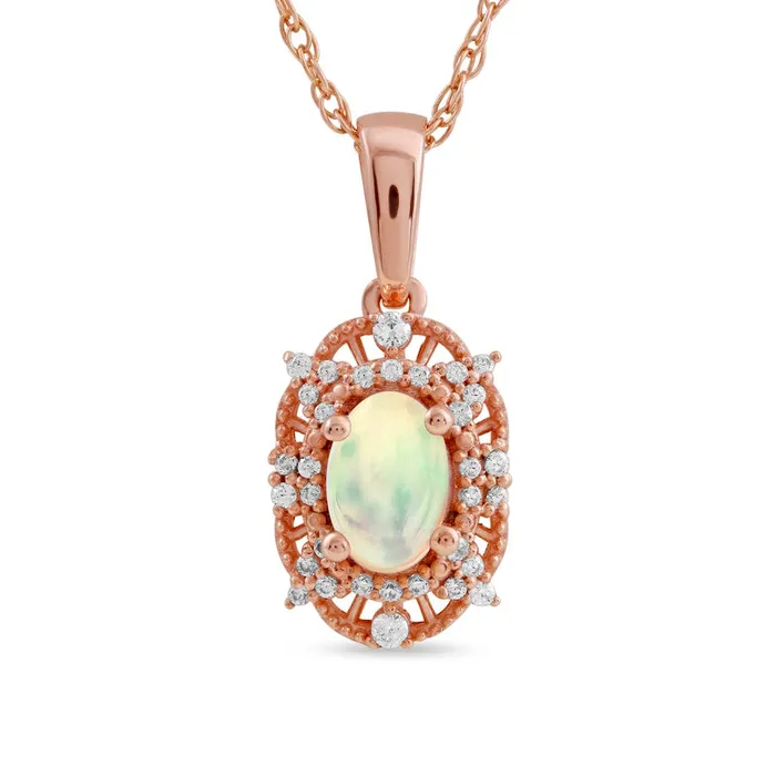 Goldia Necklaces Oval Opal and 01 CT TW Natural Diamond Bead Frame Sunburst Pendant in 10K Rose Gold Goldia Necklaces Oval Opal and 01 CT TW Natural Diamond Bead Frame Sunburst Pendant in 10K Rose Gold