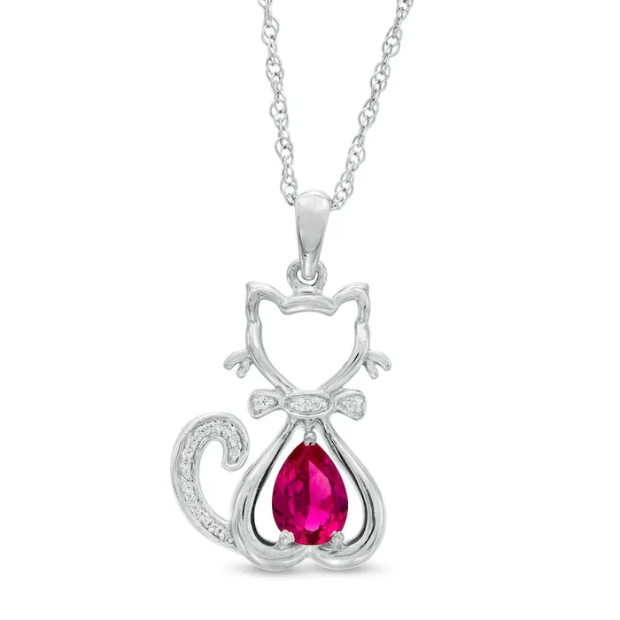 Goldia Necklaces PearShaped LabCreated Ruby and 005 CT TW Diamond Cat with Bow Tie Drop Pendant in Sterling Silver Goldia Necklaces PearShaped LabCreated Ruby and 005 CT TW Diamond Cat with Bow Tie Drop Pendant in Sterling Silver