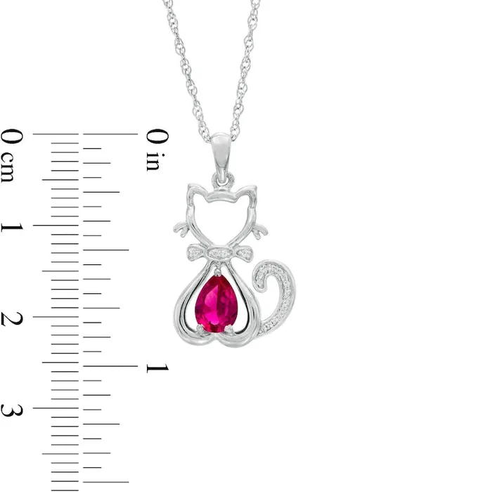 Goldia Necklaces PearShaped LabCreated Ruby and 005 CT TW Diamond Cat with Bow Tie Drop Pendant in Sterling Silver Goldia Necklaces PearShaped LabCreated Ruby and 005 CT TW Diamond Cat with Bow Tie Drop Pendant in Sterling Silver