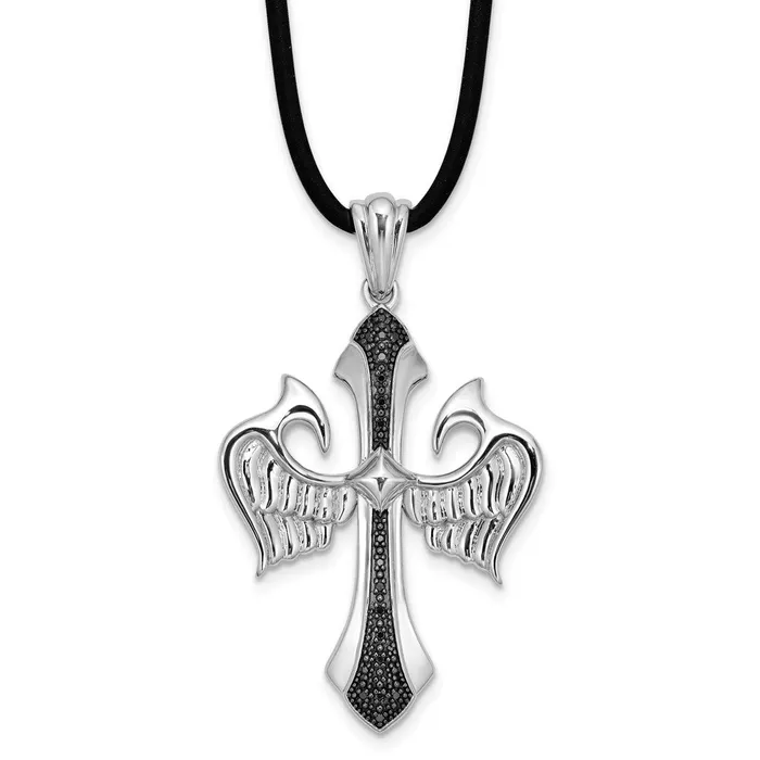 Goldia Necklaces White Night Sterling Silver Rhodiumplated Black Diamond Cross and Wings Pendant 18 Inch Rubber Cord Necklace