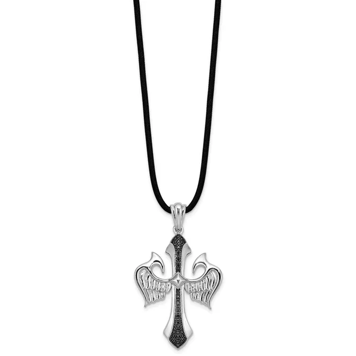 Goldia Necklaces White Night Sterling Silver Rhodiumplated Black Diamond Cross and Wings Pendant 18 Inch Rubber Cord Necklace