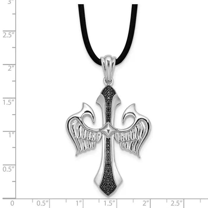 Goldia Necklaces White Night Sterling Silver Rhodiumplated Black Diamond Cross and Wings Pendant 18 Inch Rubber Cord Necklace