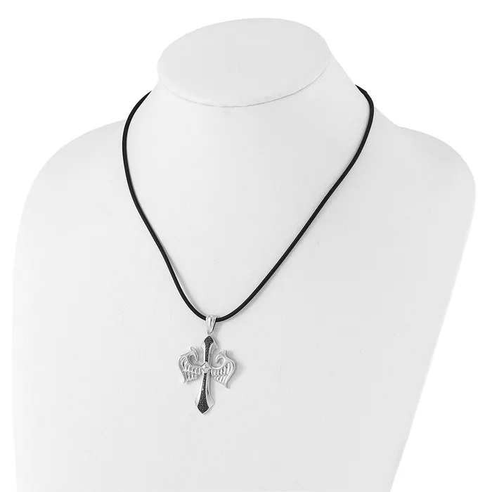 Goldia Necklaces White Night Sterling Silver Rhodiumplated Black Diamond Cross and Wings Pendant 18 Inch Rubber Cord Necklace