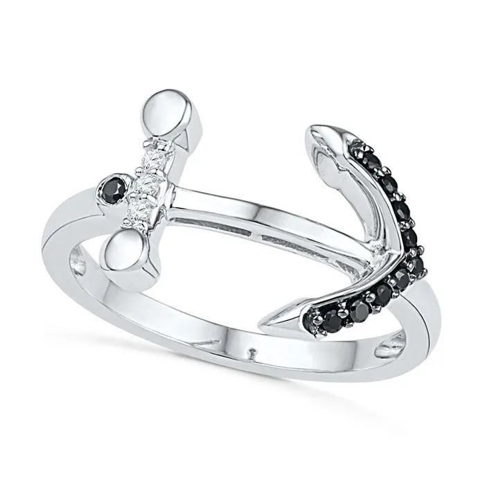 Goldia Rings 010 CT TW Enhanced Black and White Natural Diamond Sideways Anchor Ring in Sterling Silver