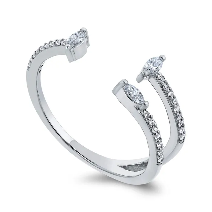 Goldia Rings 020 CT TW Marquise and Round Natural Diamond Double Row Open Ring in Solid 10K White Gold