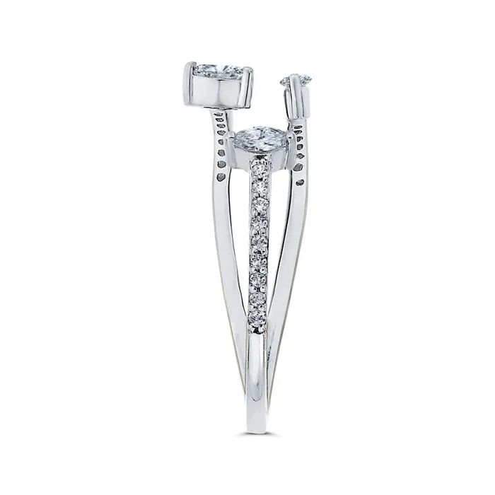 Goldia Rings 020 CT TW Marquise and Round Natural Diamond Double Row Open Ring in Solid 10K White Gold