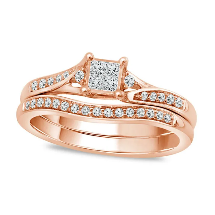 Goldia Rings 025 CT TW Quad PrincessCut Natural Diamond Bypass Bridal Engagement Ring Set in Solid 10K Rose Gold