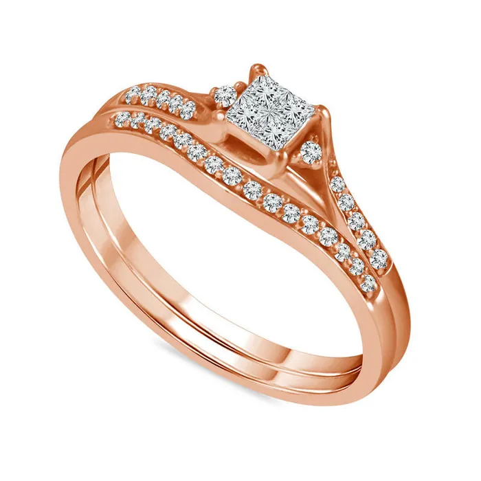 Goldia Rings 025 CT TW Quad PrincessCut Natural Diamond Bypass Bridal Engagement Ring Set in Solid 10K Rose Gold