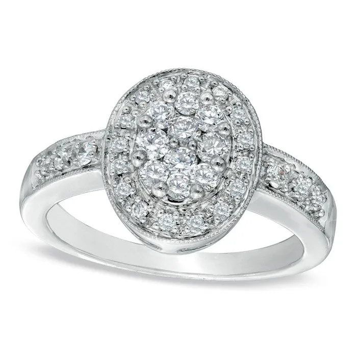 Goldia Rings 050 CT TW Natural Diamond Cluster Oval Frame Engagement Ring in Solid 14K White Gold