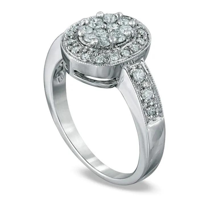 Goldia Rings 050 CT TW Natural Diamond Cluster Oval Frame Engagement Ring in Solid 14K White Gold