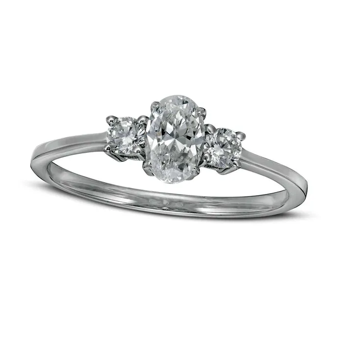 Goldia Rings 063 CT TW Oval and Round Natural Diamond Three Stone Engagement Ring in Solid 14K White Gold