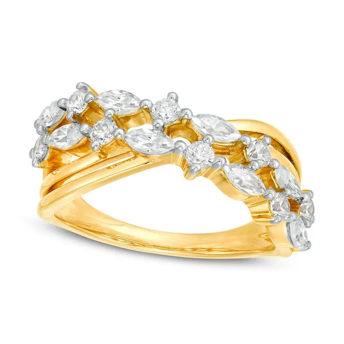 Goldia Rings 10 CT TW Marquise and Round Natural Diamond Alternating Crossover Ring in Solid 10K Yellow Gold
