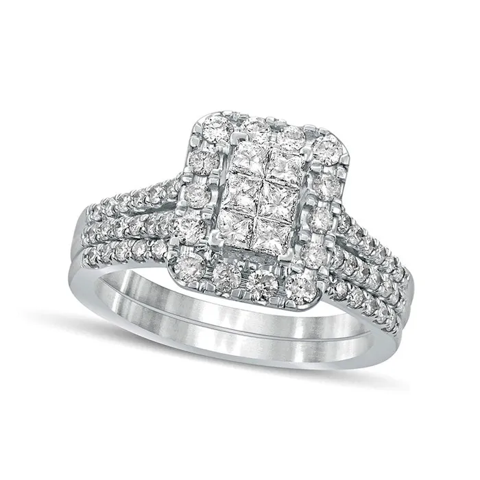 Goldia Rings 10 CT TW PrincessCut Composite Natural Diamond Rectangle Frame Split Shank Bridal Engagement Ring Set in Solid 10K White Gold