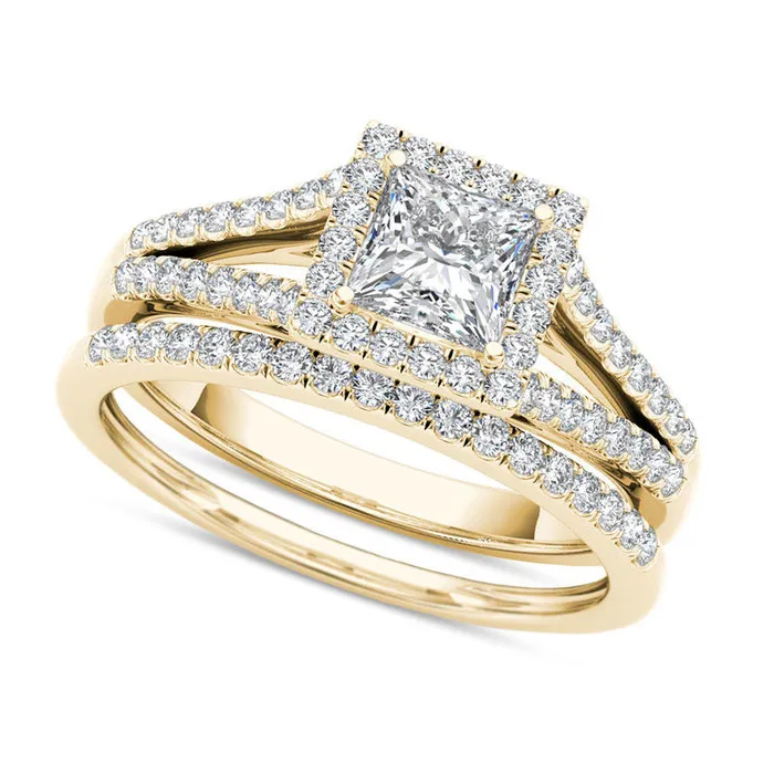 Goldia Rings 10 CT TW PrincessCut Natural Diamond Frame Split Shank Bridal Engagement Ring Set in Solid 14K Gold