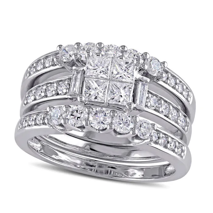 Goldia Rings 125 CT TW Quad PrincessCut Natural Diamond Three Piece Bridal Engagement Ring Set in Solid 14K White Gold