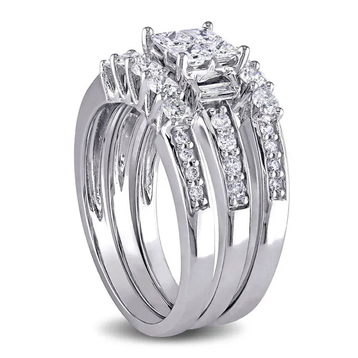Goldia Rings 125 CT TW Quad PrincessCut Natural Diamond Three Piece Bridal Engagement Ring Set in Solid 14K White Gold