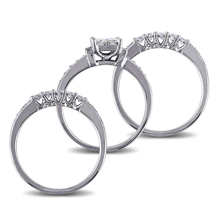 Goldia Rings 125 CT TW Quad PrincessCut Natural Diamond Three Piece Bridal Engagement Ring Set in Solid 14K White Gold