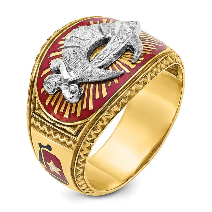 Goldia Rings 14k Twotone Gold Mens Polished and Textured with Multicolor Enamel Masonic Shriners Ring