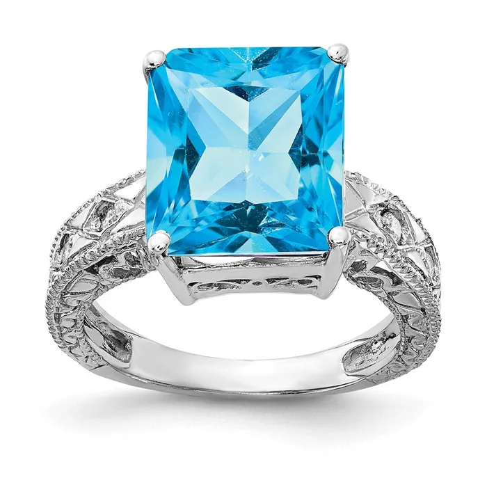 Goldia Rings 14k White Gold 12x10mm Emerald Cut Blue Topaz VS Diamond ring