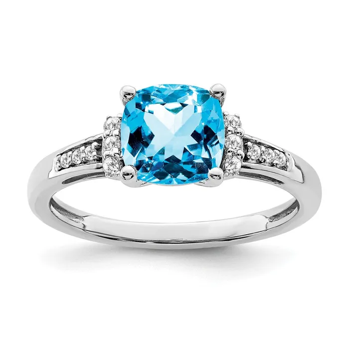 Goldia Rings 14k White Gold Cushion Blue Topaz and Real Diamond Ring