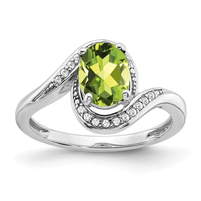 Goldia Rings 14k White Gold Oval Peridot and Real Diamond Bypass Ring