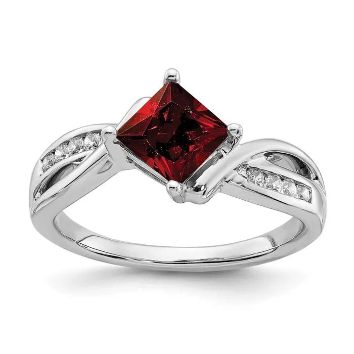 Goldia Rings 14k White Gold Square Garnet and Real Diamond Ring