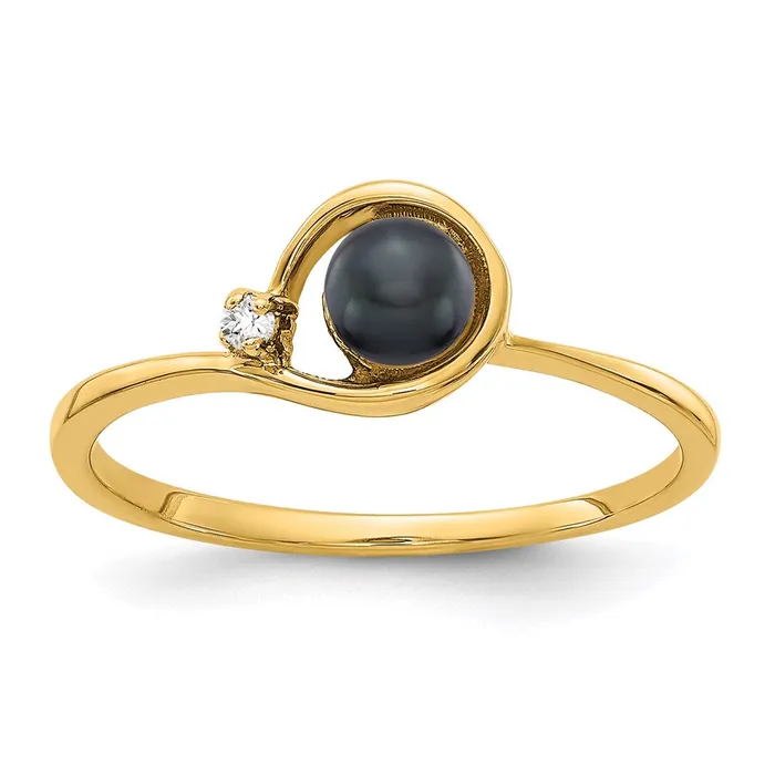 Goldia Rings 14K Yellow Gold 4mm Black FW Cultured Pearl A Real Diamond ring