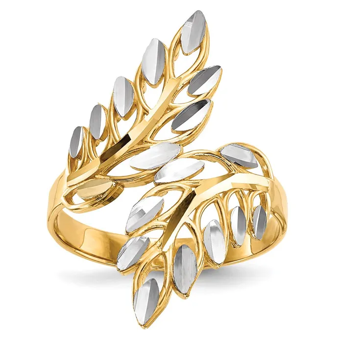 Goldia Rings 14k Yellow Gold w White Rhodium Diamondcut Leaves Ring