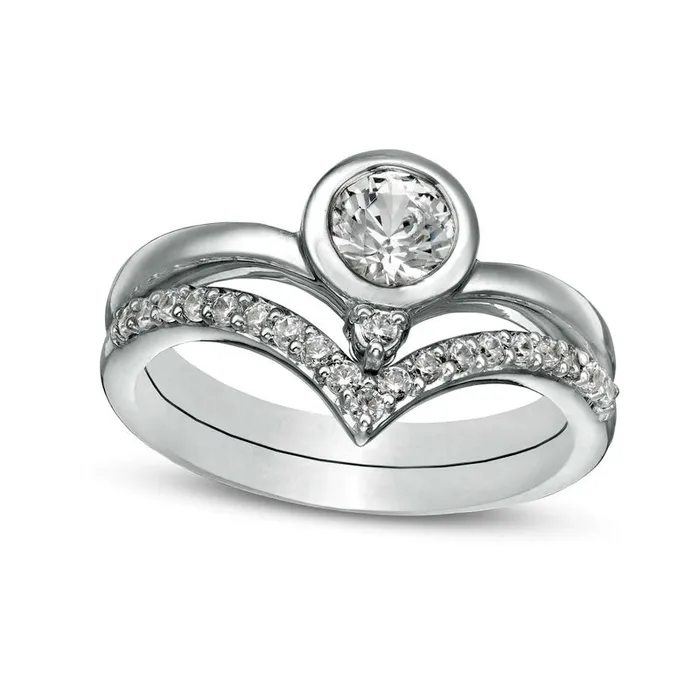 Goldia Rings 50mm LabCreated White Sapphire and 025 CT TW Diamond Chevron Bridal Engagement Ring Set in Sterling Silver
