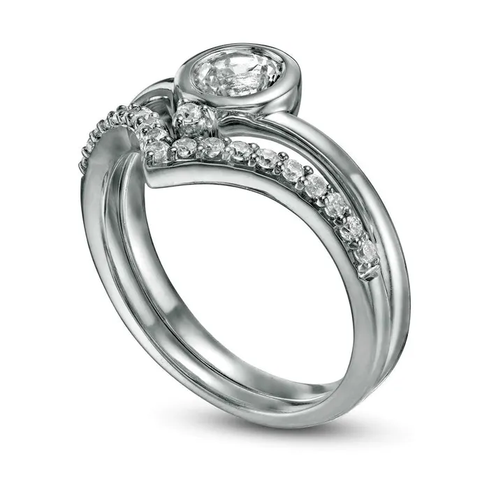 Goldia Rings 50mm LabCreated White Sapphire and 025 CT TW Diamond Chevron Bridal Engagement Ring Set in Sterling Silver