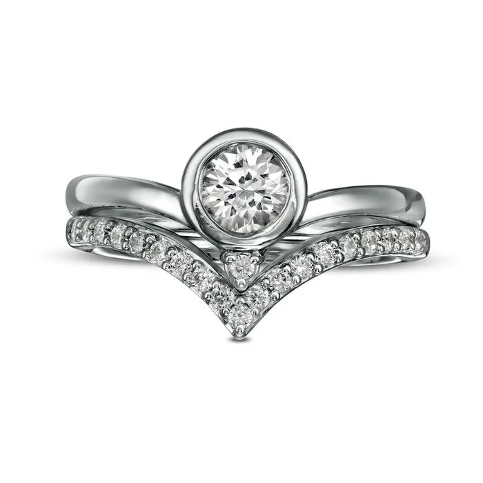 Goldia Rings 50mm LabCreated White Sapphire and 025 CT TW Diamond Chevron Bridal Engagement Ring Set in Sterling Silver