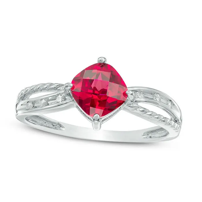 Goldia Rings 60mm CushionCut LabCreated Ruby and Diamond Accent Rope Ring in Solid 10K White Gold