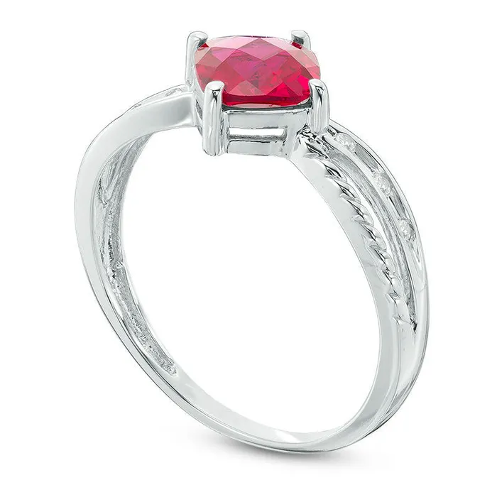 Goldia Rings 60mm CushionCut LabCreated Ruby and Diamond Accent Rope Ring in Solid 10K White Gold