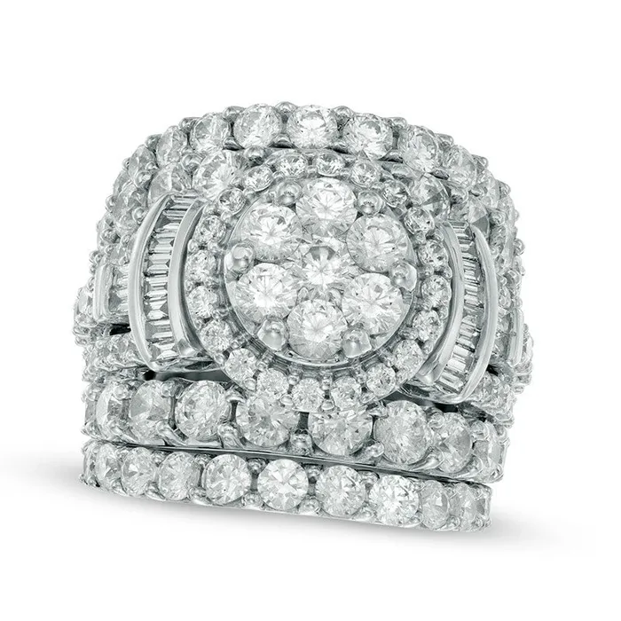 Goldia Rings 6 CT TW Composite Natural Diamond Frame Collared Three Piece Bridal Engagement Ring Set in Solid 14K White Gold
